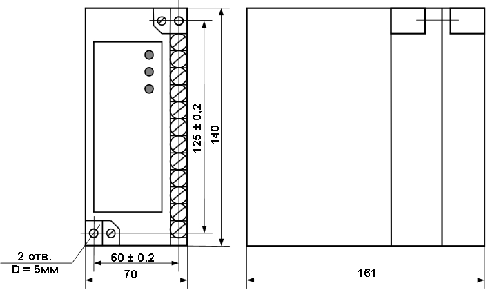 Схема габаритных размеров блока БШД-01