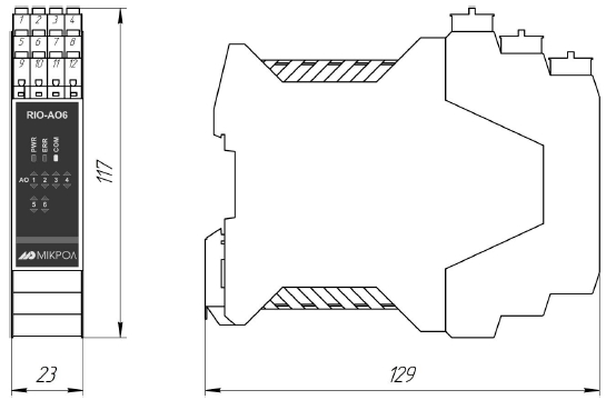 Схема габаритных размеров модуля RIO-AO6