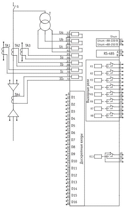 Схема подключения внешних цепей с тремя ТТ к устройствам РЗЛ-02