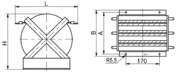 Рис.1 Схема габаритных и присоединительных размеров реактора РТТ 0,38-80