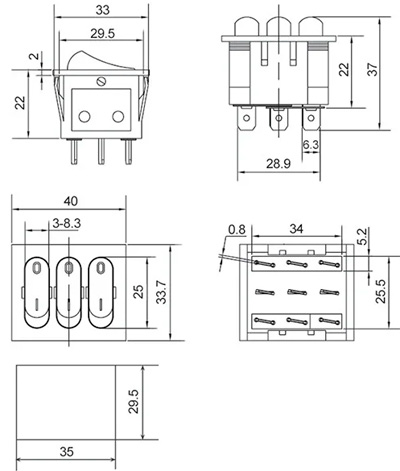 Рис.2. Габаритный чертеж переключателя KCD2-3101