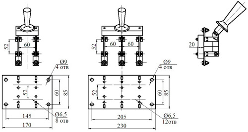 Рис.2. Схема габаритных размеров рубильника Р-31 переднего присоединения на токи 100А