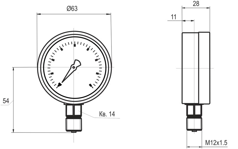 Рис.1 Схема габаритных и присоединительных размеров мановакуумметра МТ-2У-А