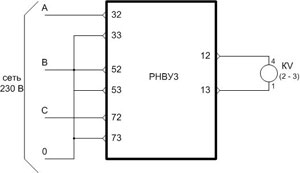 Рис.2. Внешние подключения реле РНВУ3 в трехфазные с нулем сети переменного тока с номинальным фазным напряжением 230 В