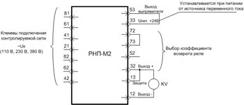 Рис.1. Внешние подключения реле РНП-М2 при питании от источника переменного тока