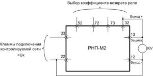 Рис.2. Внешние подключения реле РНП-М2 при питании от источника постоянного тока